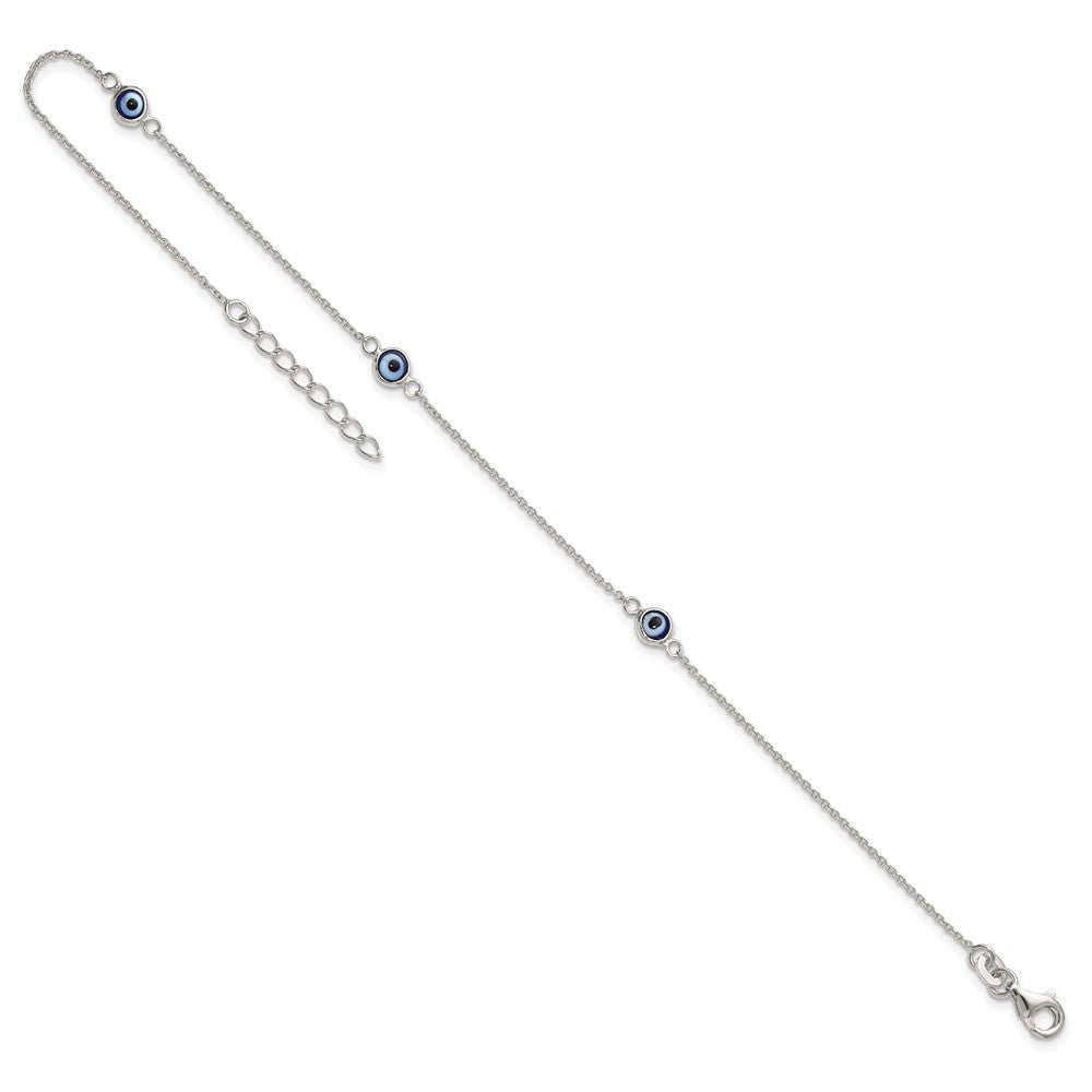 Sterling Silver Polished and Glass Evil Eye 9 inch with 1 inch Extension Anklet