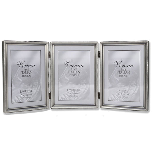 Antique Pewter 5x7 Hinged Triple Picture Frame - Bead Border Design