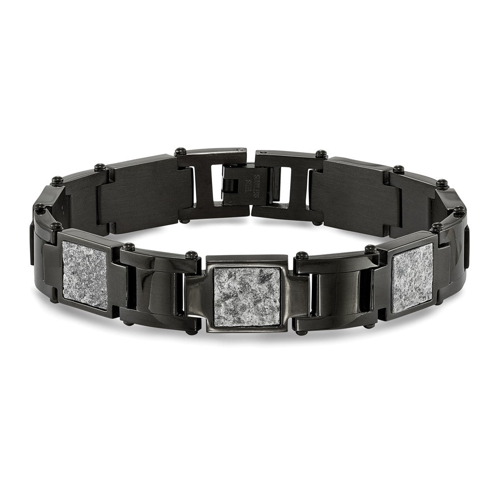 Stainless Steel Polished Black IP w/Sedimentary Rock Inlay 8.5in Bracelet 8.5 inches