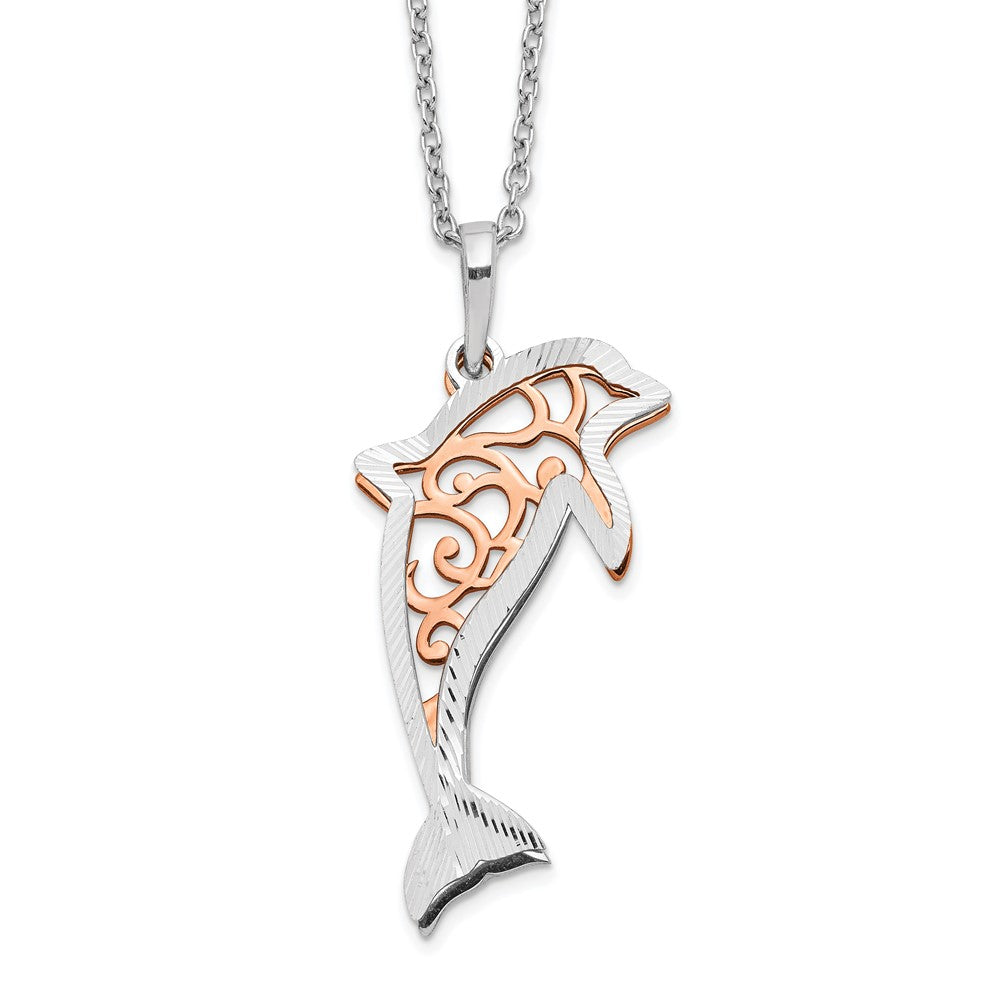 Sterling Silver Rose-tone Diamond-cut Dolphin w/ 2in ext. Necklace 16 Inches