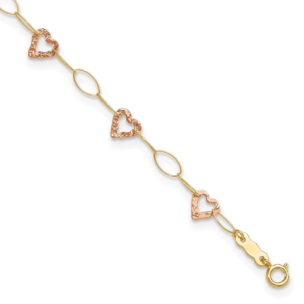 14k Two-tone Adjustable Heart 9in Plus 1in extension Anklet 9 inches