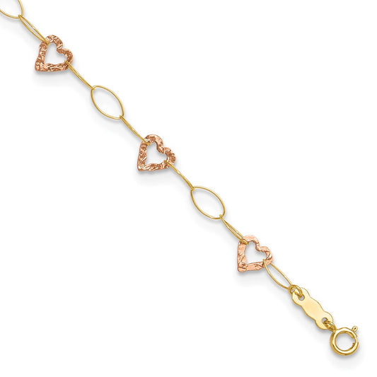 14k Two-tone Adjustable Heart 9in Plus 1in extension Anklet 9 inches