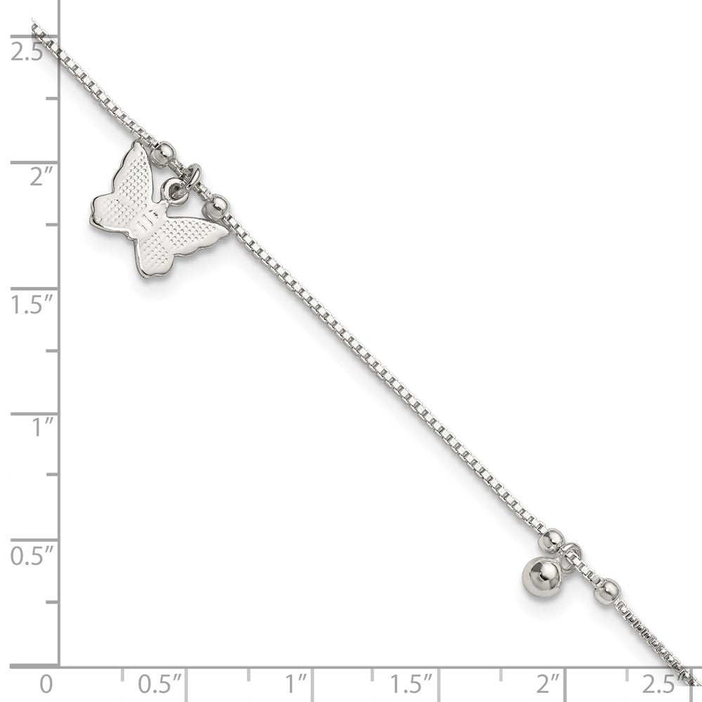 Sterling Silver Polished Textured and Beaded Butterfly 9 inch with 1 inch Extension Anklet