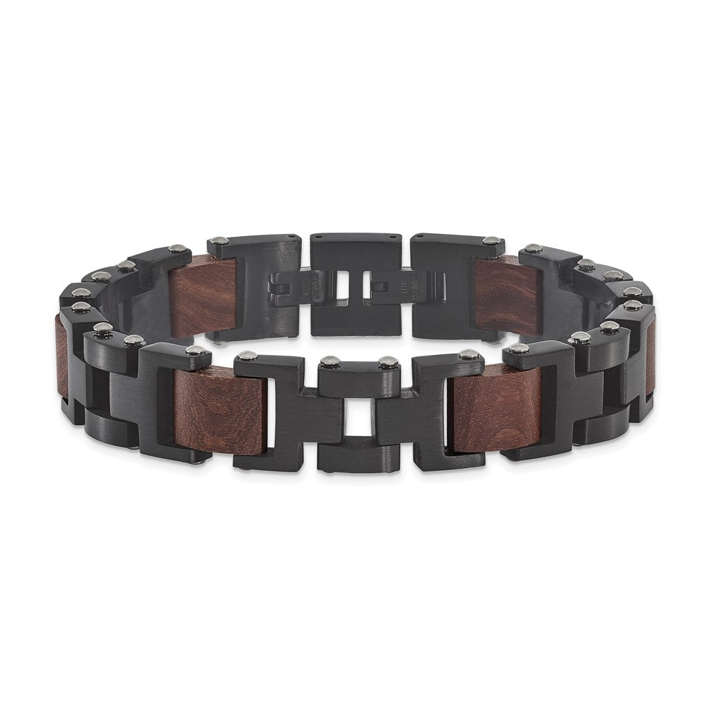 Stainless Steel Brushed Black IP-plated with Wood w/.5in ext. 8in Bracelet 8 inches