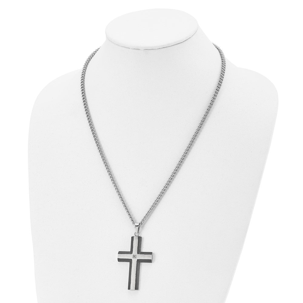 Stainless Steel Brushed and Polished Black IP w/CZ Cross Necklace