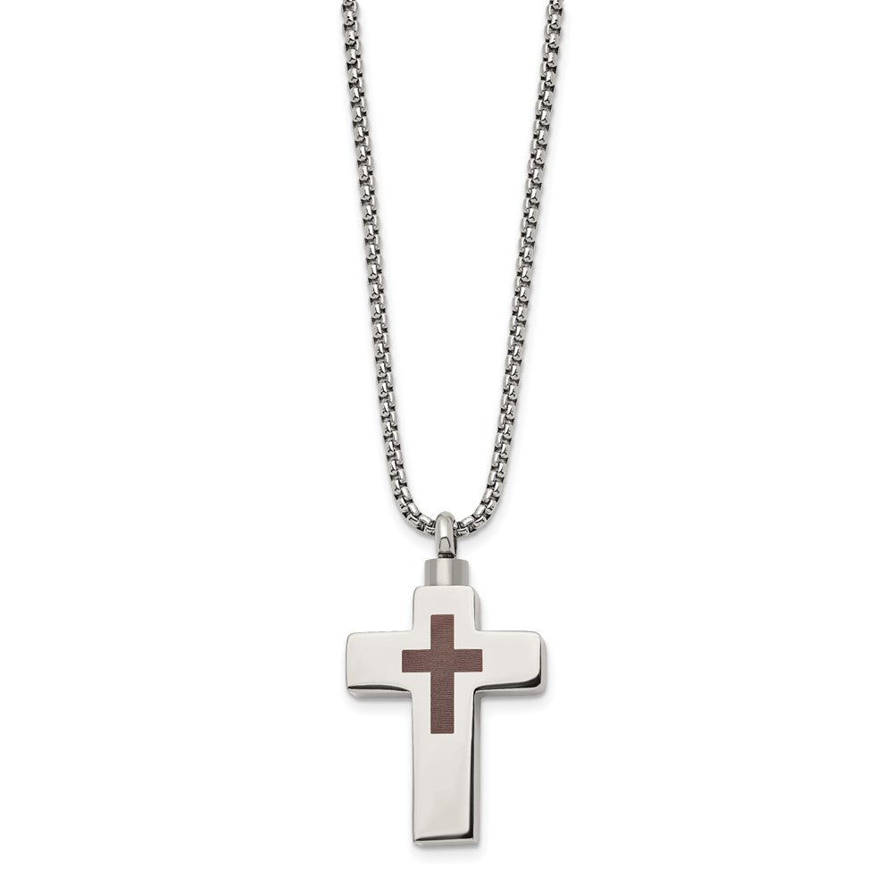 Stainless Steel Polished Lasered Cross Ash Holder 24in Necklace