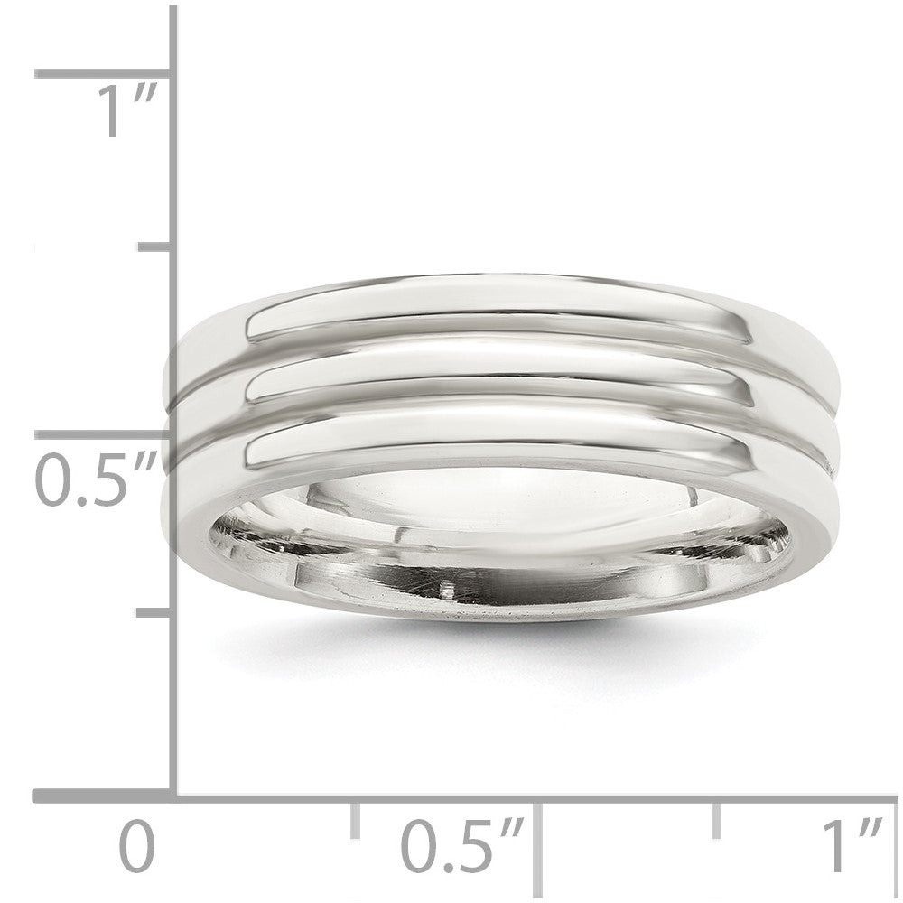 Sterling Silver 6mm Polished Flat Grooved Fancy Band Size 13.5