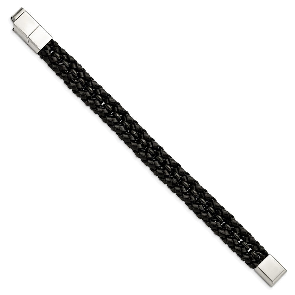 Stainless Steel Polished Black IP-plated Black Leather w/.5in ext Bracelet 8 inches
