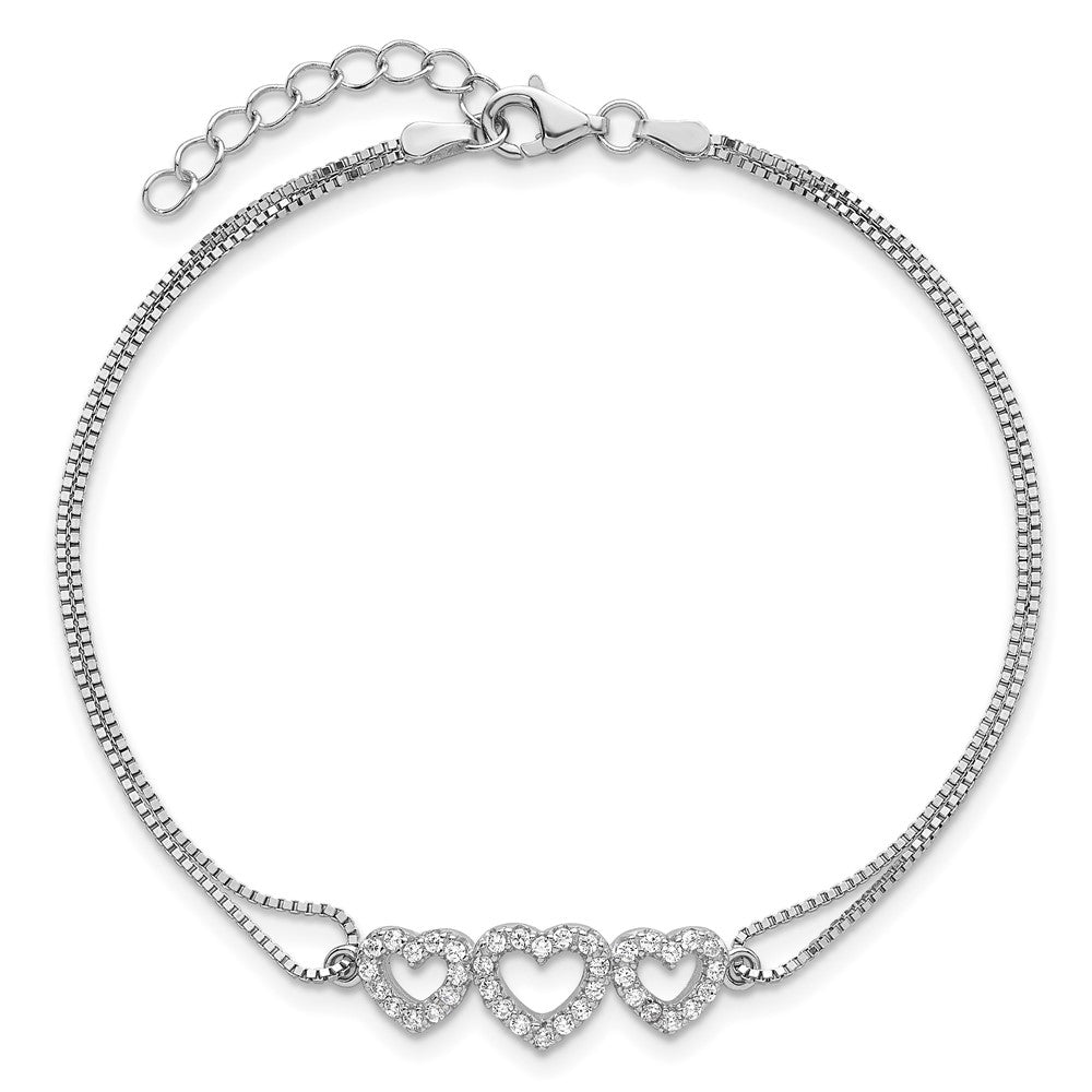 Sterling Silver Rhodium-plated Polished Three Linked CZ Open Hearts 7 inch Bracelet with 1 inch extension 7 inches