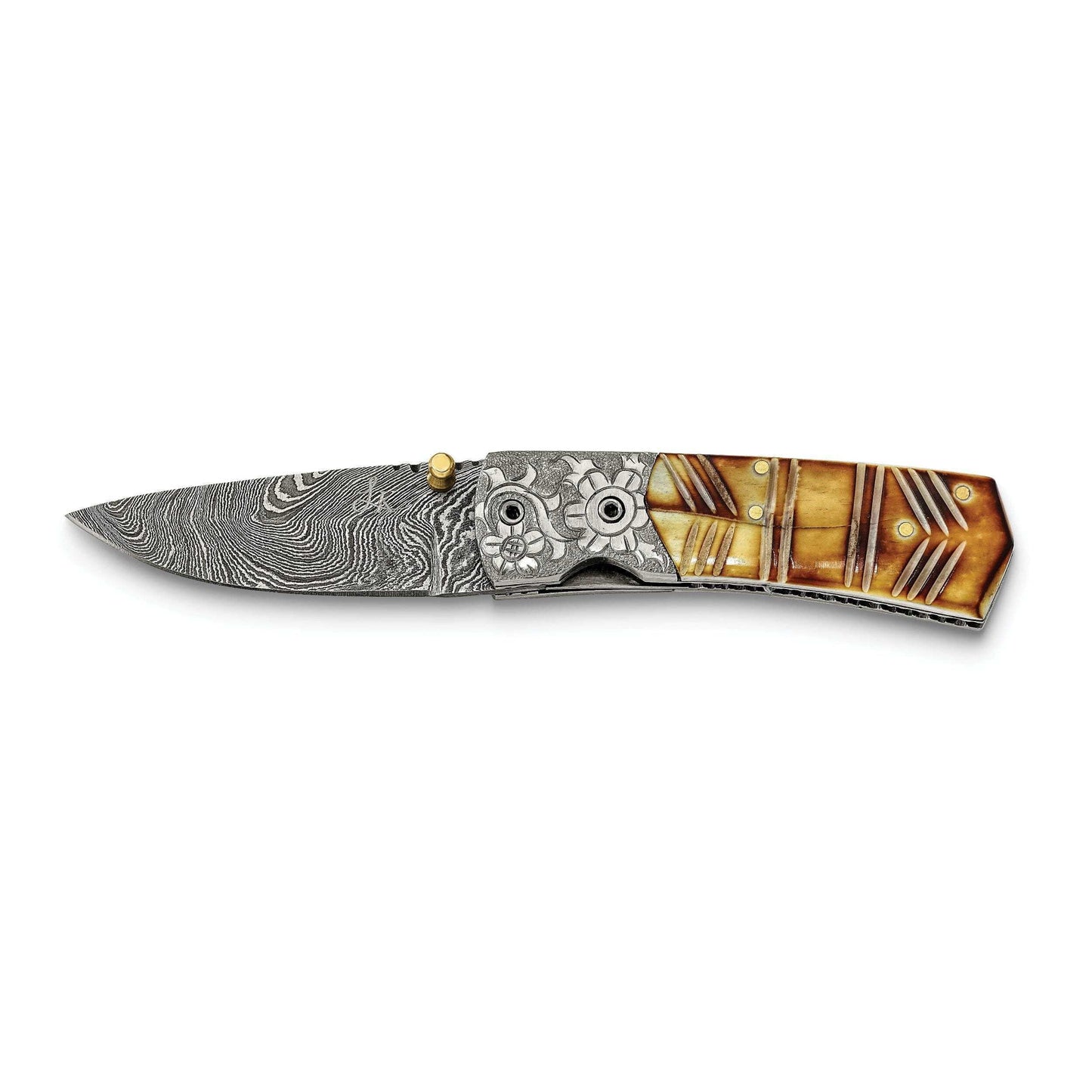 Luxury Giftware Damascus Steel 256 Layer Folding Dyed and Carved Camel Bone Handle Knife with Leather Sheath and Wooden Gift Box QKN3221