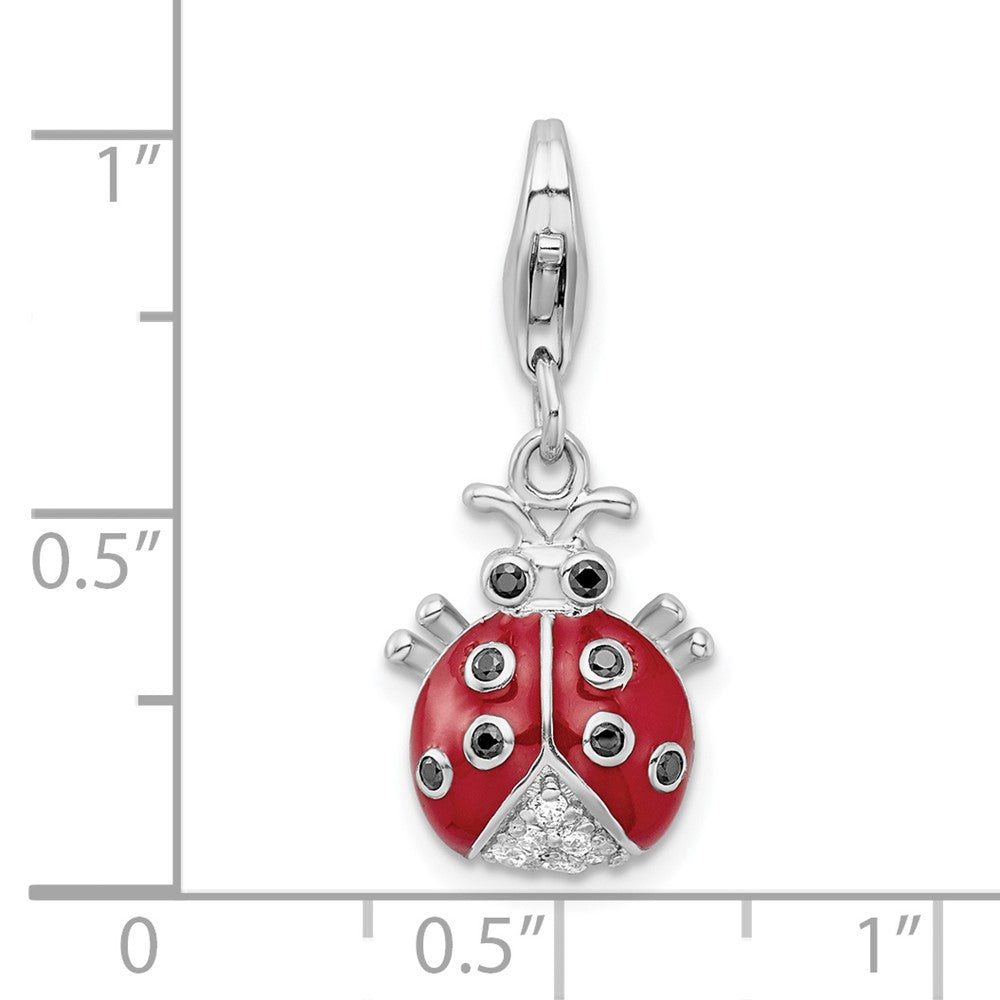 Sterling Silver Rhodium Plated CZ 3-D Enameled Lady Bug