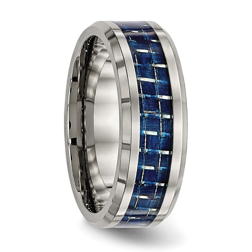 Titanium Polished w/Blue Carbon Fiber Inlay 8mm Beveled Edge Band Size - 11
