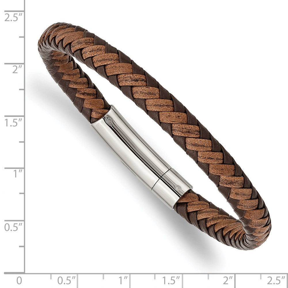 Stainless Steel Polished Brown Braided Leather 8.25in Bracelet 8.25 inches
