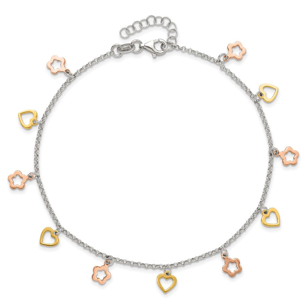 Sterling Silver Gold and Rose-tone Heart Flower 9in Plus 1in ext. Anklet 9 inches
