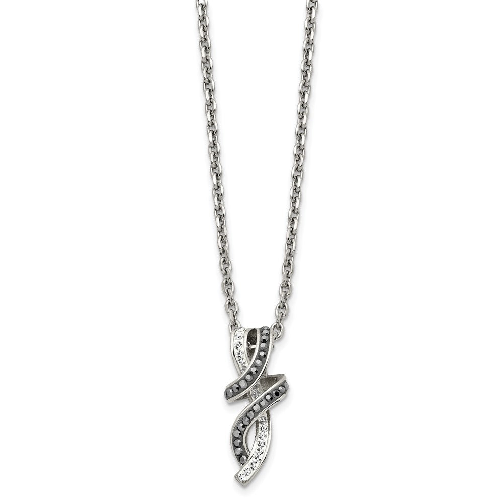 Stainless Steel Polished Black & White Crystal Fancy Twisted 18in Necklace