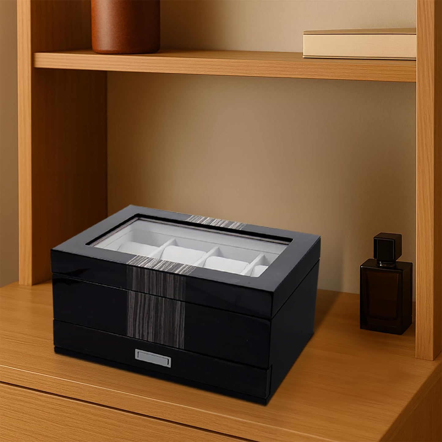 High Gloss Lacquered Wenge Wood Finish Glass Lid 1-Drawer Velour Lined 8-Watch, Cuff Link, and Pen Case GM8736