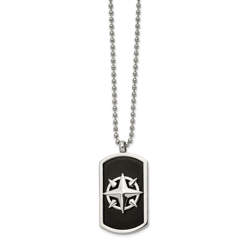 Stainless Steel Brushed and Polished Black IP-plated Compass 24in Necklace