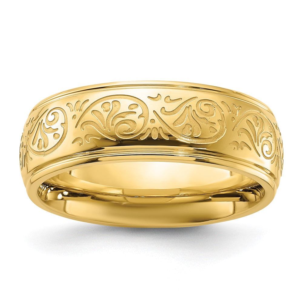 Stainless Steel Polished Yellow IP Etched Design Ridged Edge 7.5mm Band Size - 12