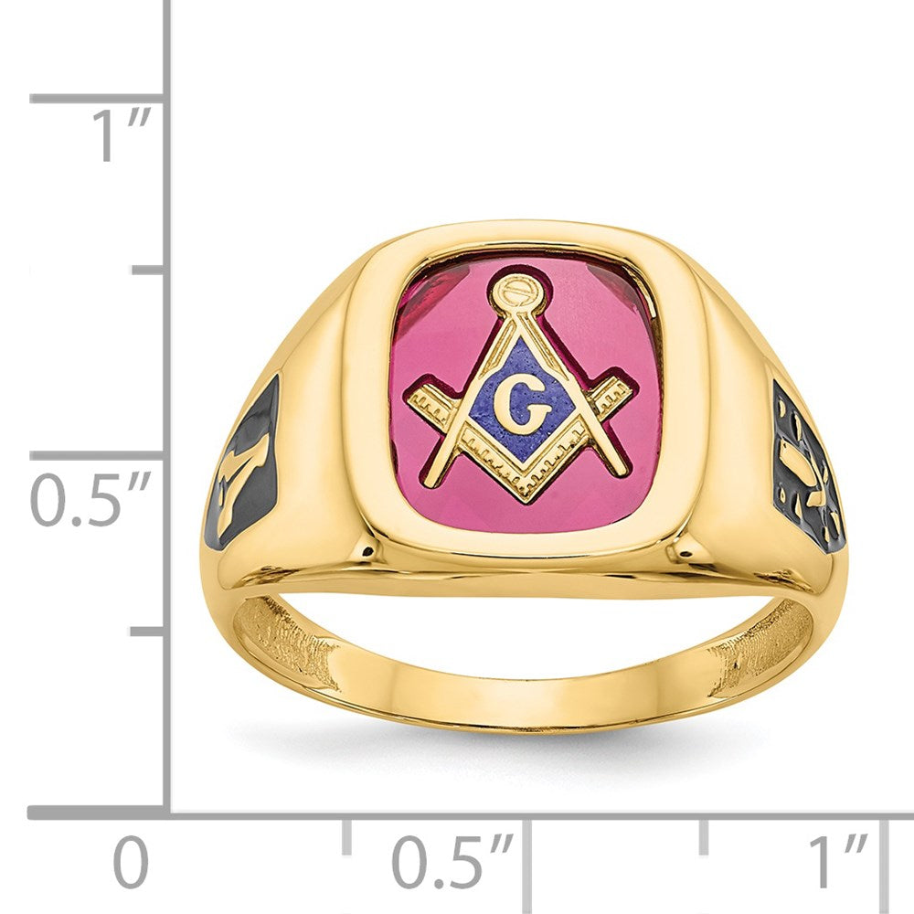 10k Men's Polished and Textured with Black Enamel and Lab Created Ruby Masonic Ring