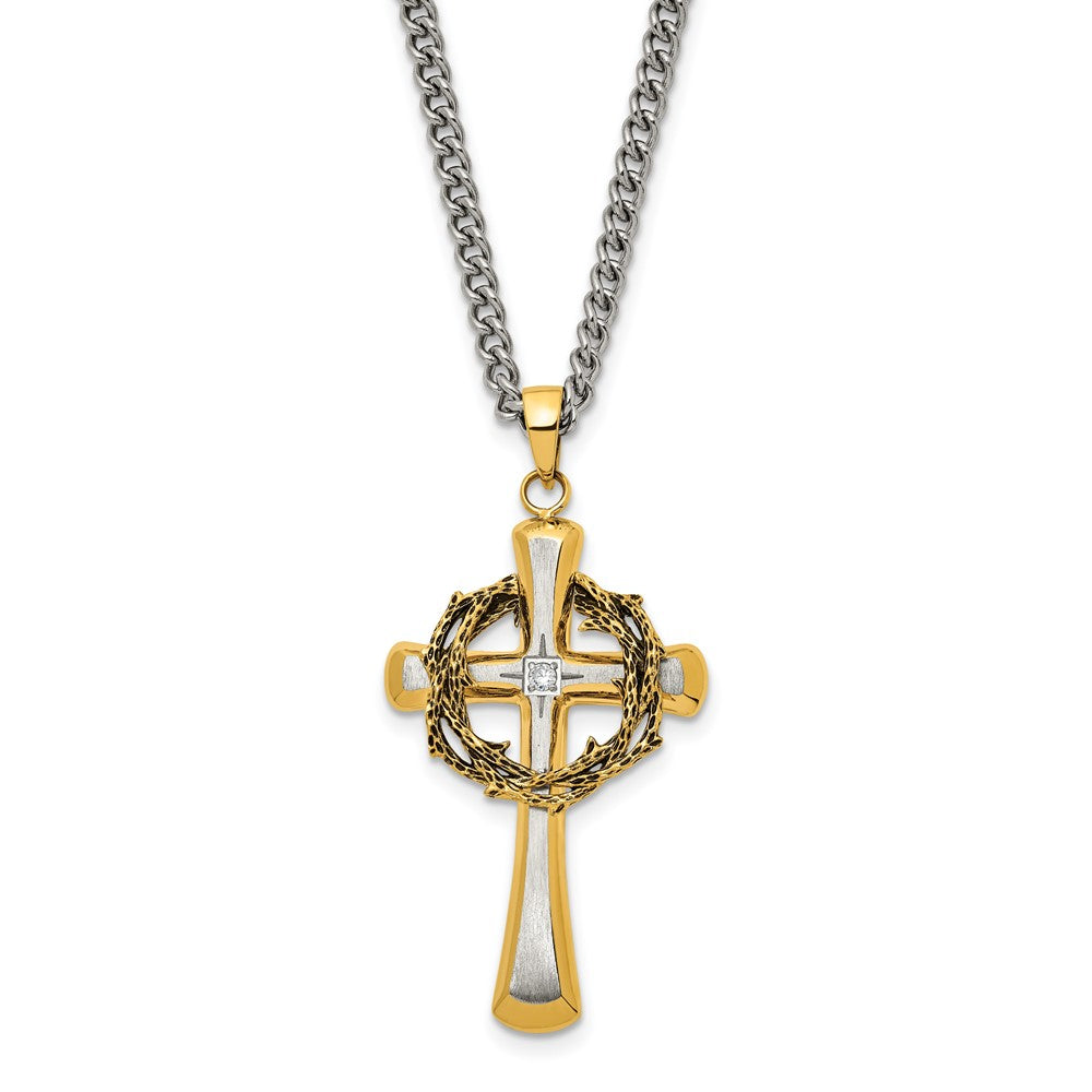 Stainless Steel Brushed and Polished Yellow IP w/CZ Cross 24in Necklace
