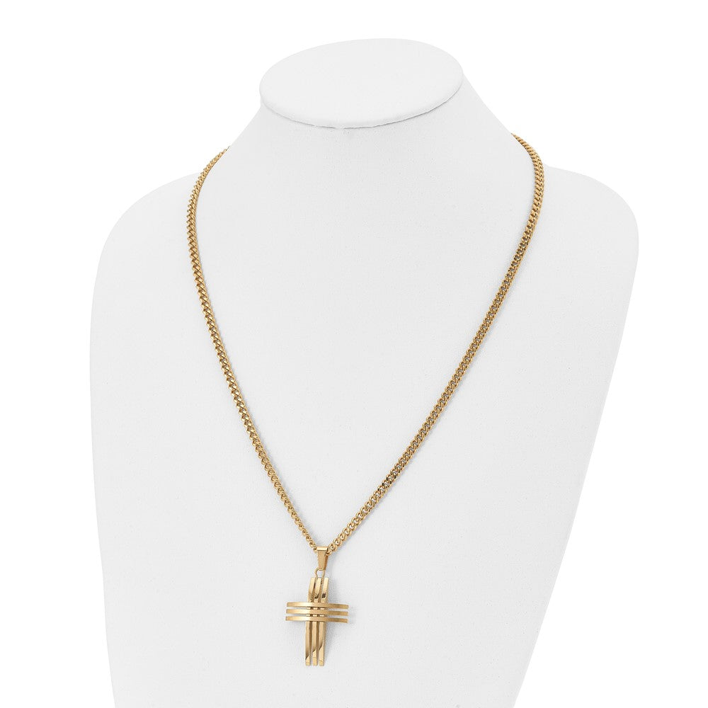 Stainless Steel Brushed and Polished Yellow IP-plated Cross Necklace