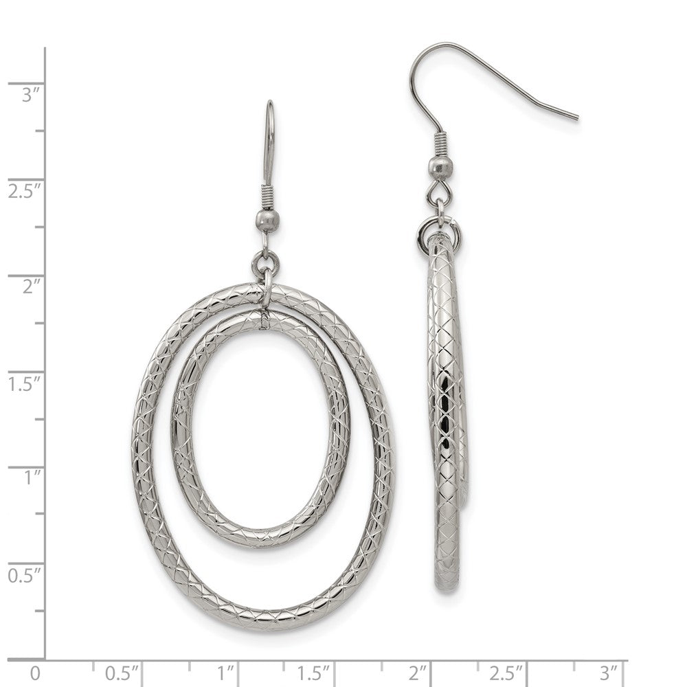 Stainless Steel Polished and Textured Double Oval Dangle Earrings