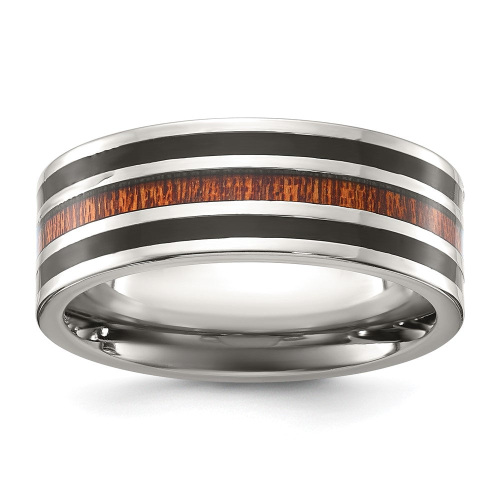 Chisel Titanium Polished with Black Resin and Wood Inlay 8mm Band Size - 8.5