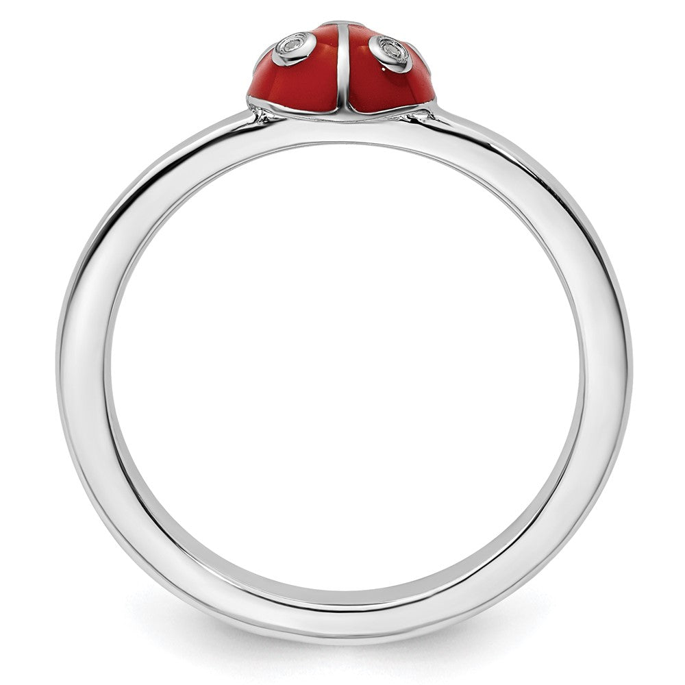 Sterling Silver Stackable Expressions Red /Blk Enamel Ladybug w/Diamond Rin Size -9