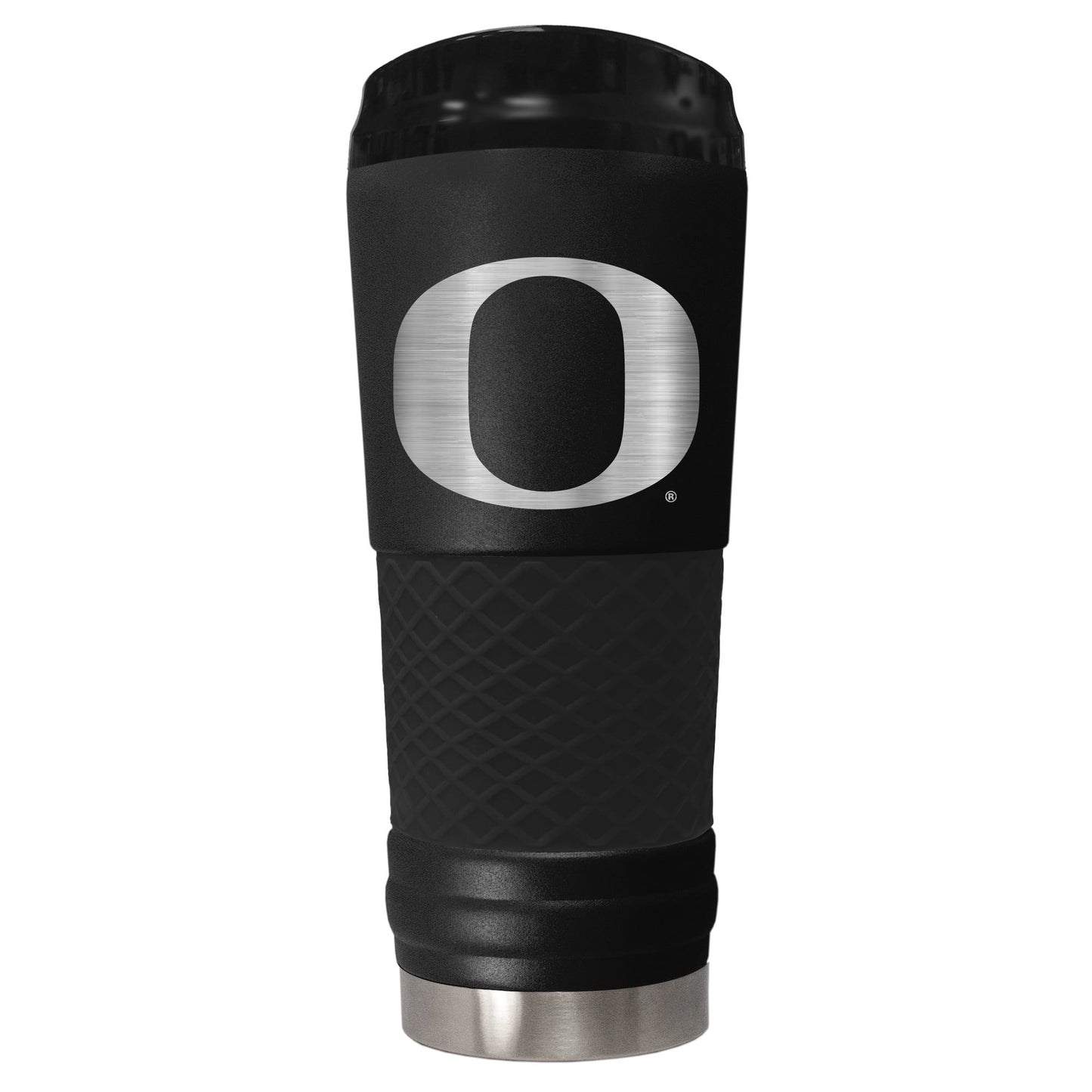 Oregon Ducks 24 ounce vacuum insulated stainless steel tumbler in black powder coat and laser etched team logo
