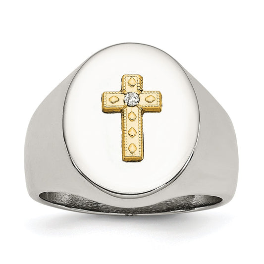 Stainless Steel Polished w/10K Gold Cross and .02ct Diamond Ring Size - 10