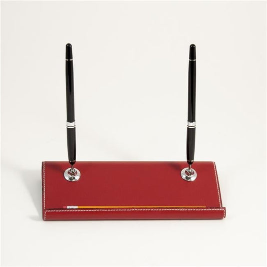 Bey-Berk International D1618 Leather Double Pen Stand with Chrome Accents - Red