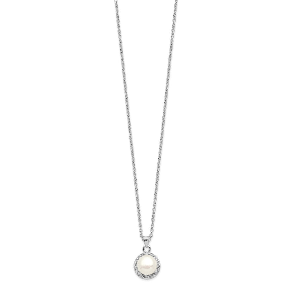 Sterling Silver Rhodium-plated 7-8mm White Button Freshwater Cultured Pearl and CZ 17 inch Necklace 17 Inches