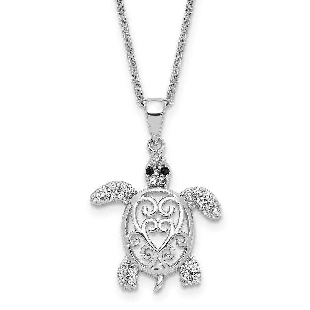 Cheryl M Sterling Silver Rhodium-plated Brilliant-cut Black Glass and Brilliant-cut White CZ Filigree Turtle 18 Inch Necklace 18 Inches