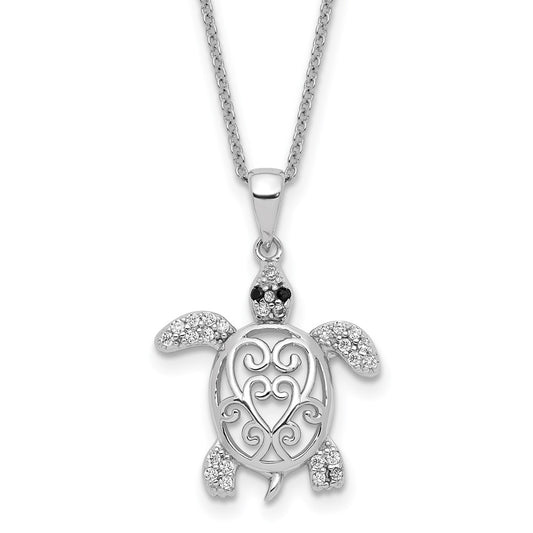 Cheryl M Sterling Silver Rhodium-plated Brilliant-cut Black Glass and Brilliant-cut White CZ Filigree Turtle 18 Inch Necklace 18 Inches