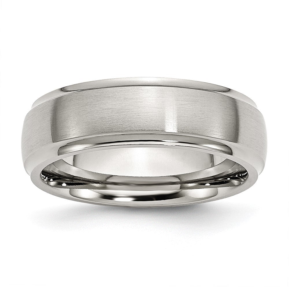 Stainless Steel Polished w/Brushed Center 7mm Ridged Edge Band Size - 9
