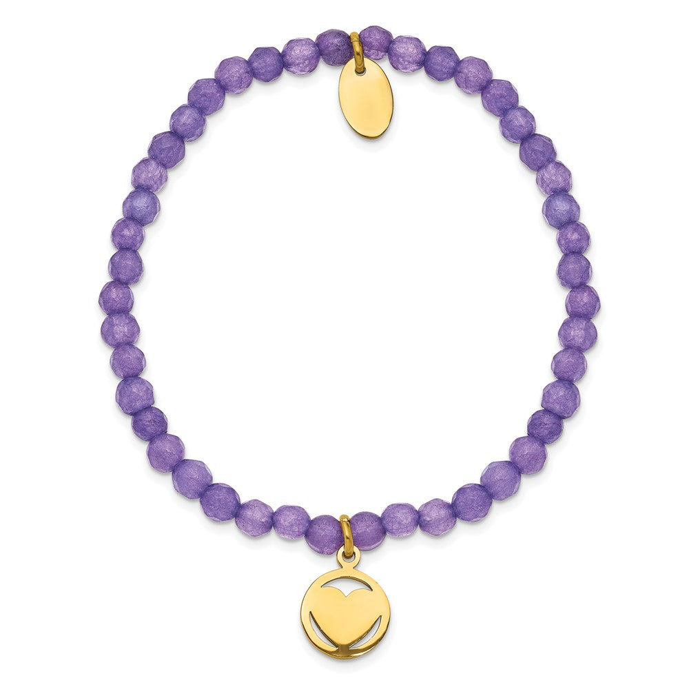 Stainless Steel Polished Yellow IP Heart Light Purple Jade Stretch Bracelet 6.25 inches