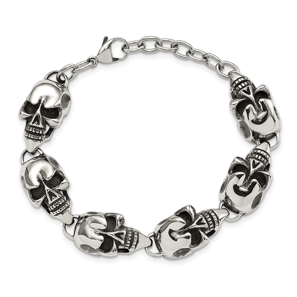 Stainless Steel Antiqued and Polished Skulls 8.5in Bracelet 8.5 inches