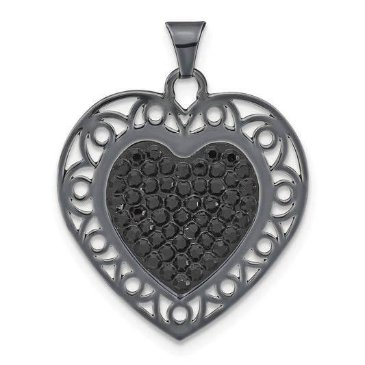 Sterling Silver Black Ceramic-plated Crystal Heart Pendant