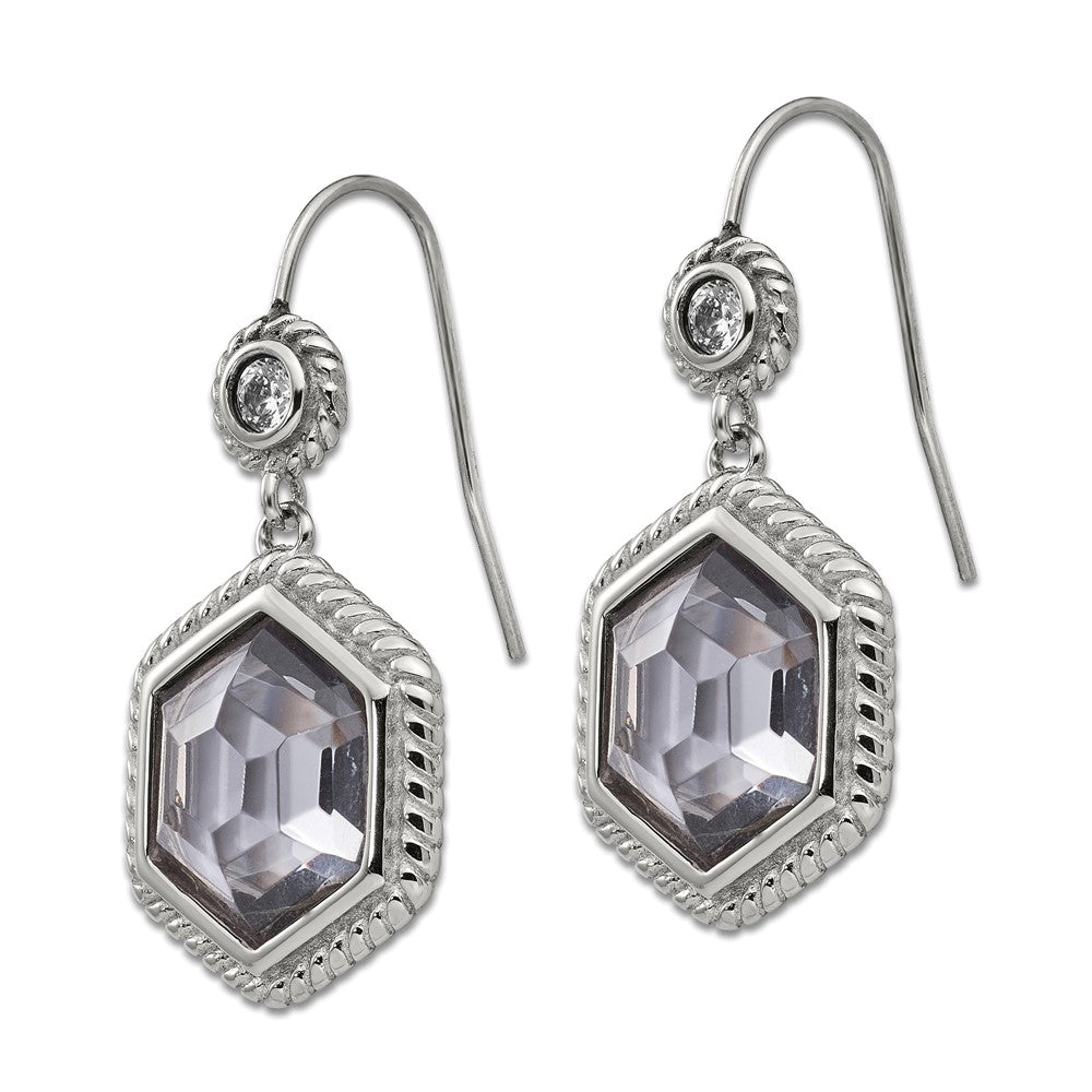 Stainless Steel Antiqued and Polished w/Grey Glass and CZ Earrings