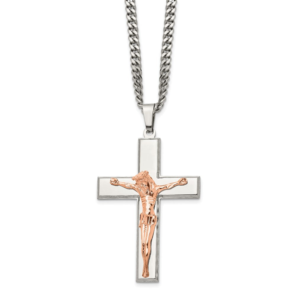 Stainless Steel Polished Rose IP-plated Crucifix 24in Necklace