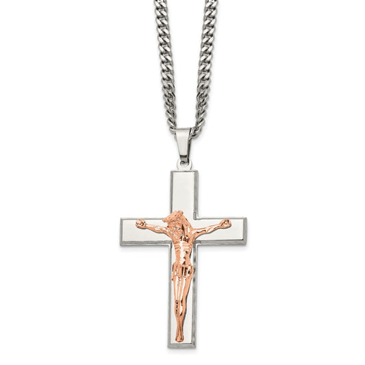 Stainless Steel Polished Rose IP-plated Crucifix 24in Necklace