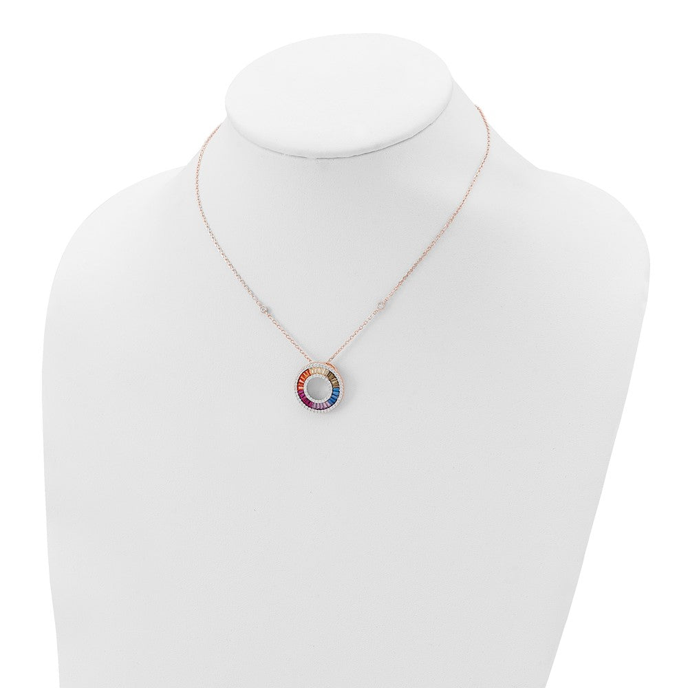 Prizma Sterling Silver Rose-tone 14K Flash Rose Gold-plated 16 inch Colorful Baguettes CZ Circle Necklace with 2 inch Extender 16 Inches