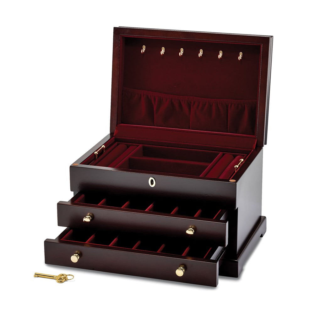 Luxury Giftware by Jere Matte Mahogany Finish Poplar Veneer 2-drawer Locking Wooden Jewelry Box QJJB846