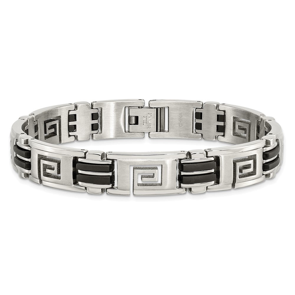 Stainless Steel 8.5in Brushed & Polished Black Rubber Greek Key Bracelet 8.5 inches