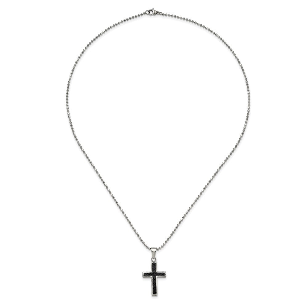 Stainless Steel Polished w/Carbon Fiber Inlay Cross 22in Necklace