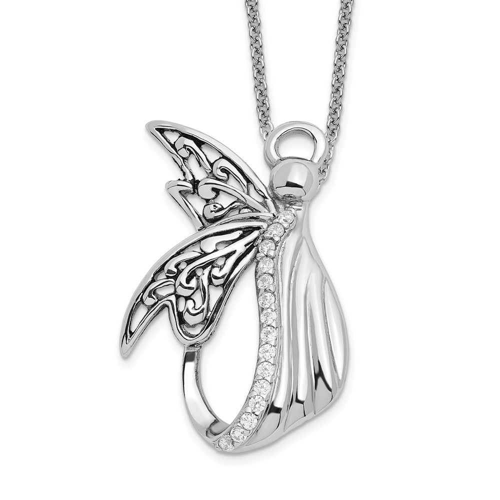 Sentimental Expressions Sterling Silver Rhodium-plated CZ Antiqued Angel of Perseverance 18in Necklace 18 Inches