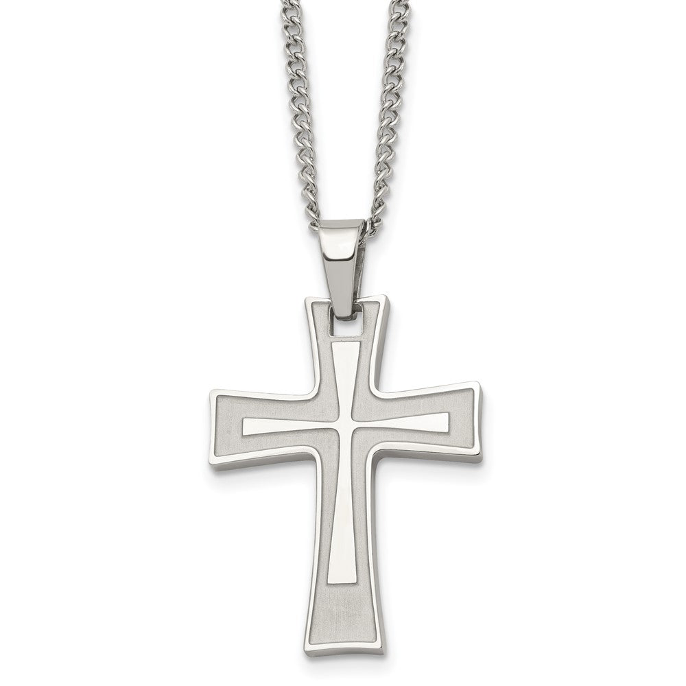 Stainless Steel Brushed and Polished Cross 24in Necklace