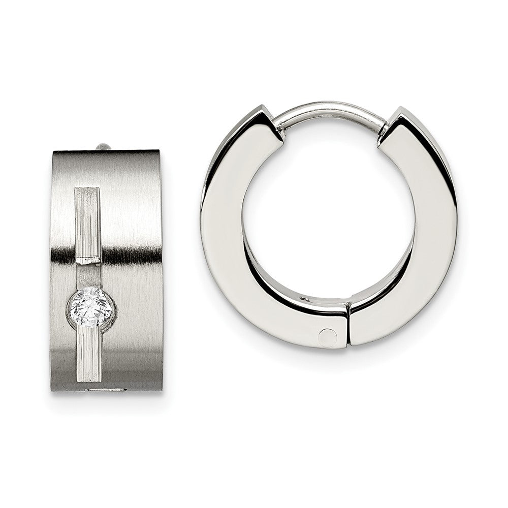 Stainless Steel Brushed & Polished w/CZ Round 7mm Hinged Hoop Earrings