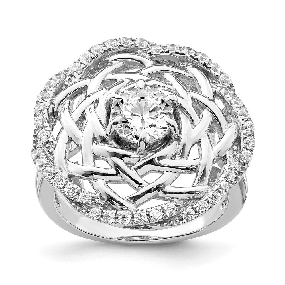 Sterling Silver Rhodium-plated 6mm CZ Center Woven Ring