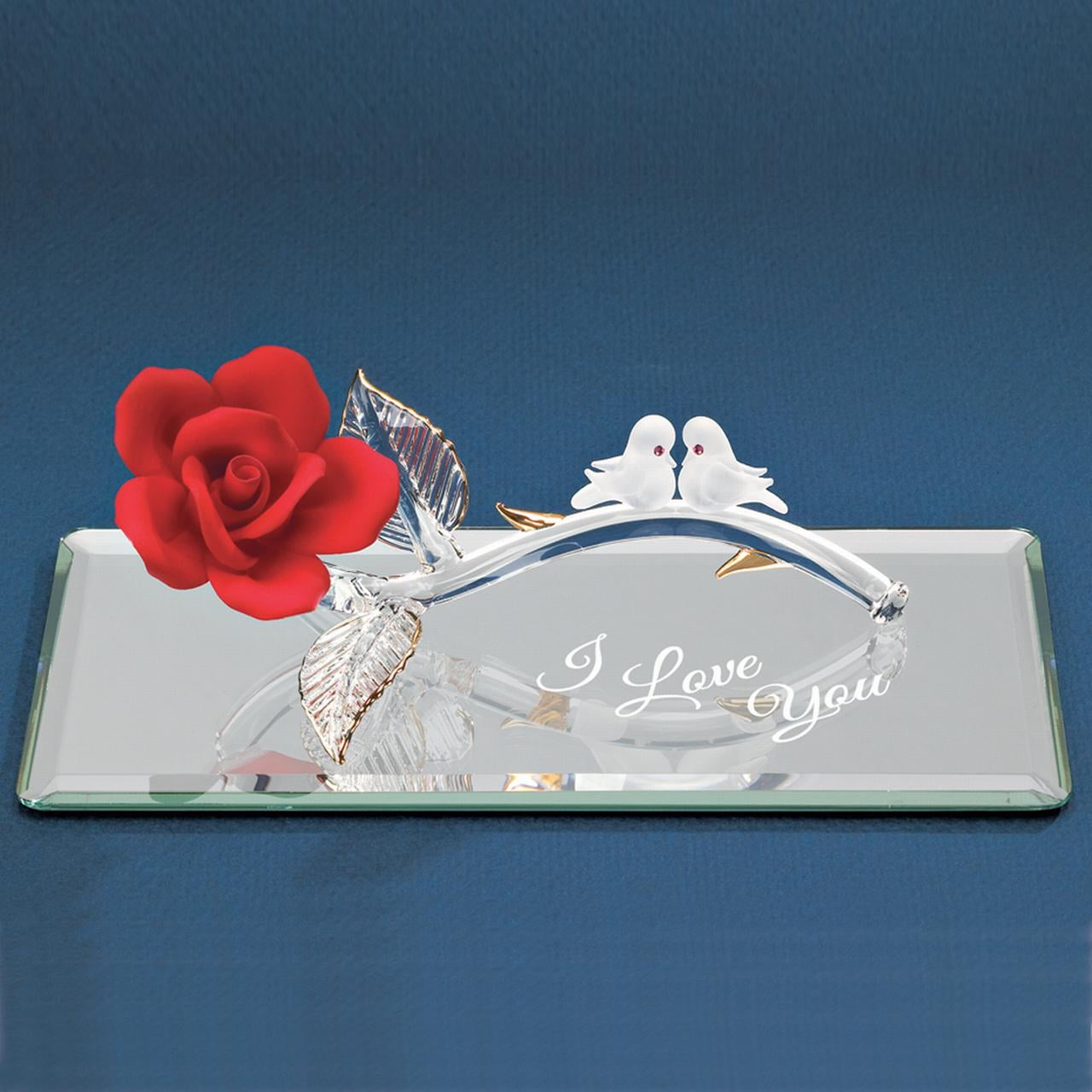 I Love You Red Rose with Doves Glass Figurine